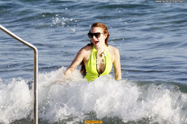 Lindsay Lohan The Beach  Celebrity Posing Hot Side Of Boob Babe Beach